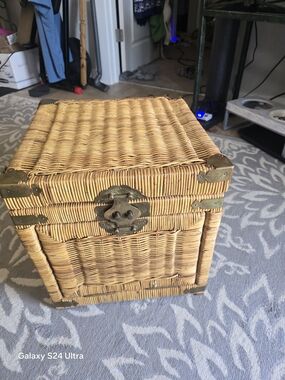 Chinoiserie Wicker Trunk Storage with Antique Brass Accents. - Tan
